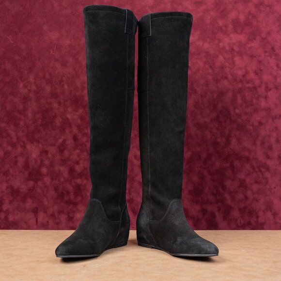 ZIGIny Women Black Suede Riding Slip-on Wedge Heel OTK Fashion Boots sz 7 - Picture 2 of 9